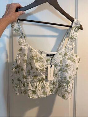 NWT Sugarlips White Eyelet Crop Top with Green Floral Print